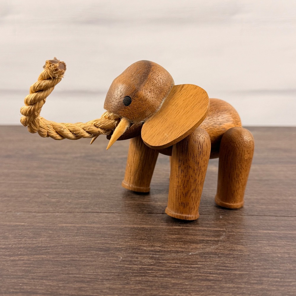Vintage Danish Modern Style Wood Elephant Figurine Rope Trunk MCM